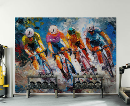 Cyclist Race Wallpaper Mural. Colorful Painting. #7016