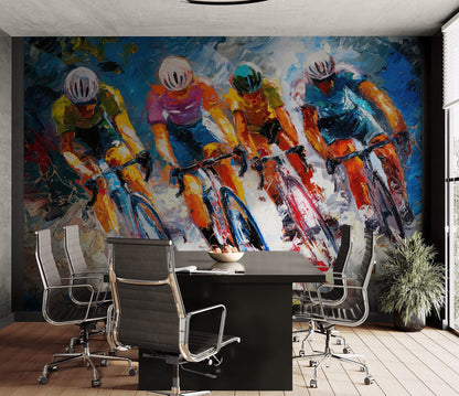 Cyclist Race Wallpaper Mural. Colorful Painting. #7016
