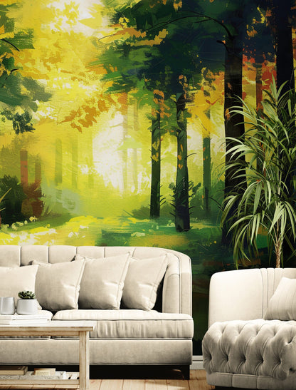 Green Forest Painting Wallpaper Mural. #7018
