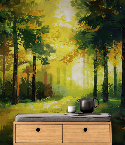 Green Forest Painting Wallpaper Mural. #7018