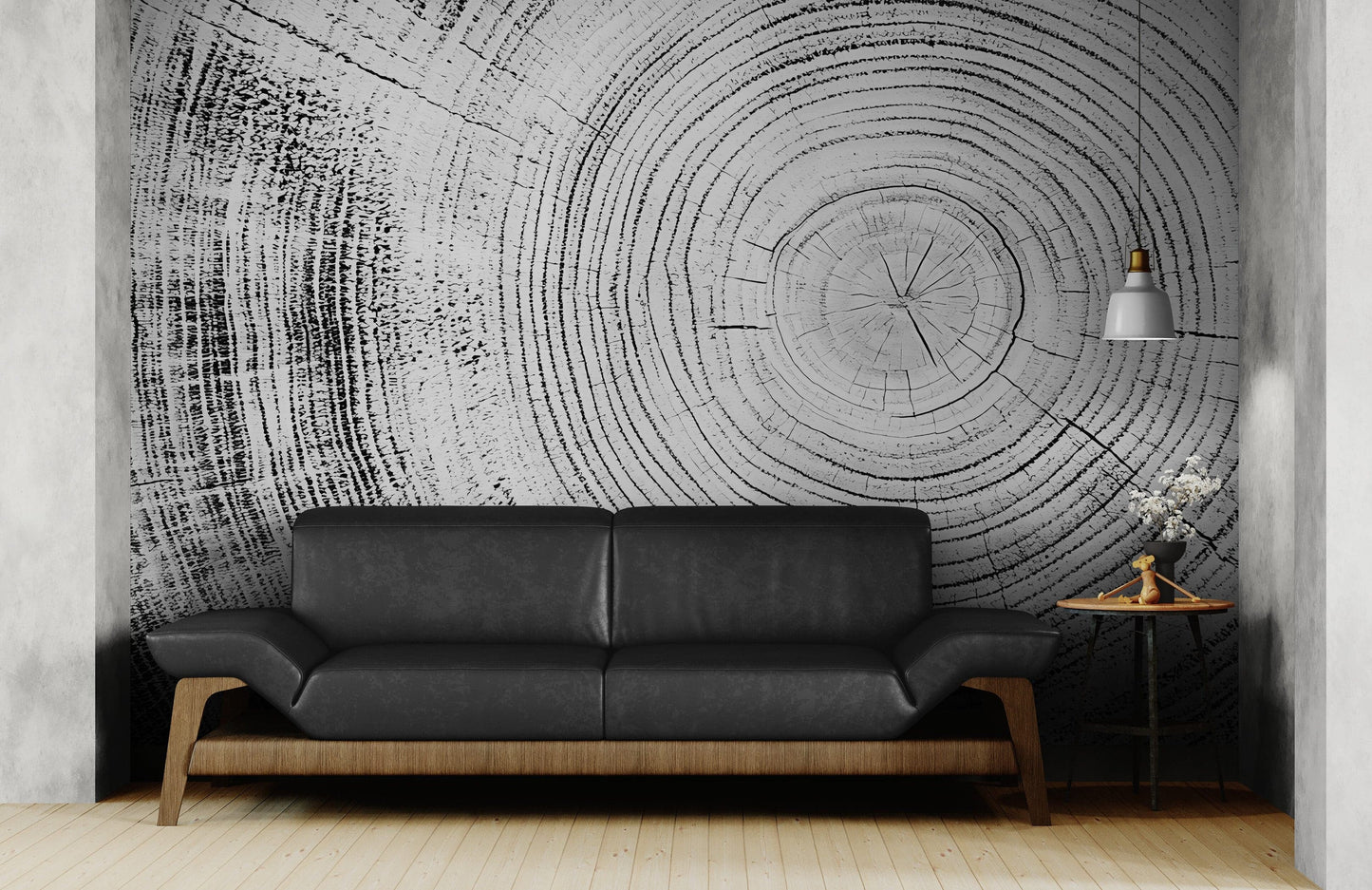 Tree Rings Wallpaper Mural. Black and White  Modern Wood Grain Circle Pattern. #7022