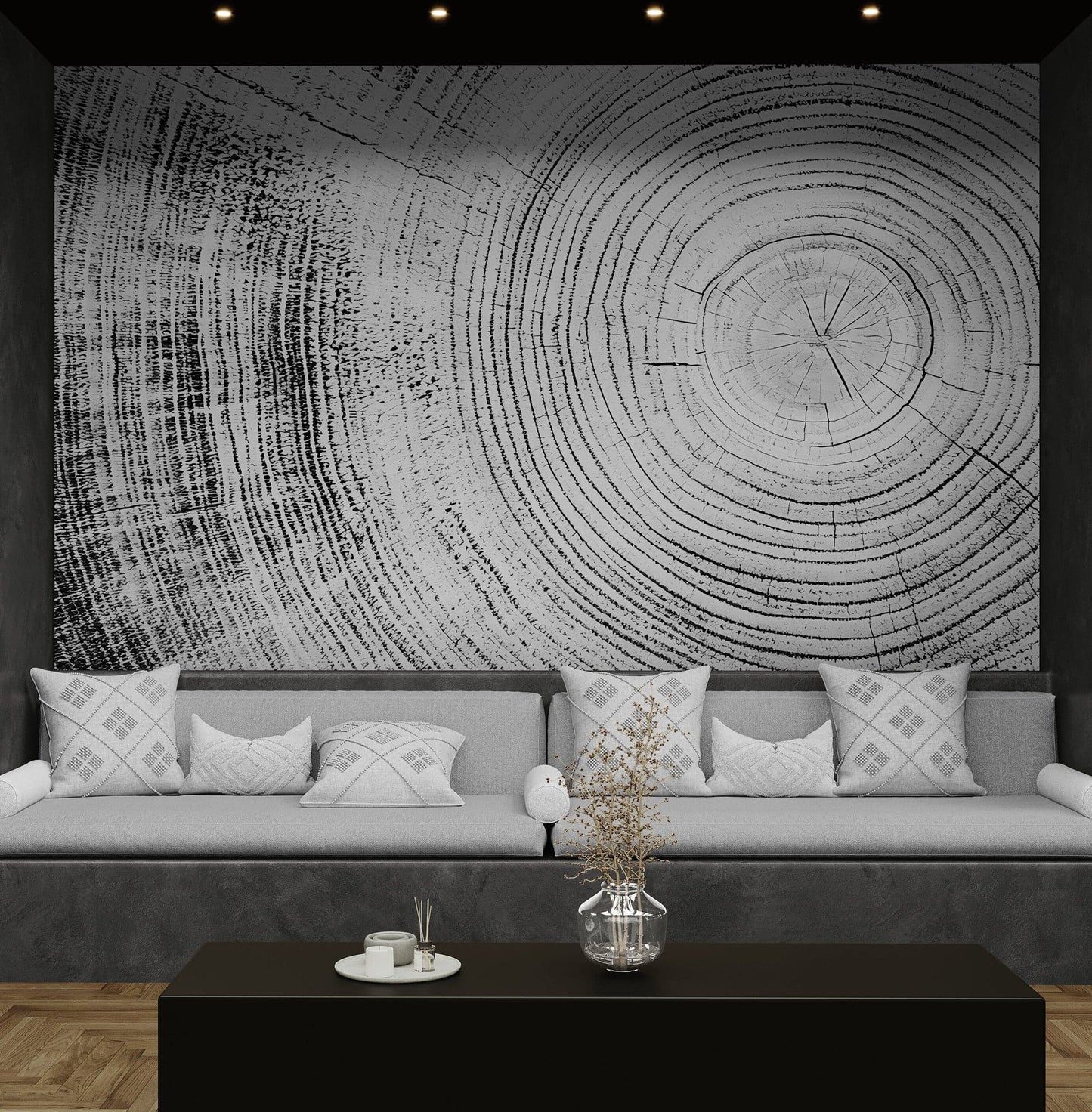 Tree Rings Wallpaper Mural. Black and White  Modern Wood Grain Circle Pattern. #7022