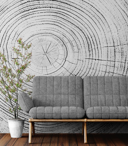 Tree Rings Wallpaper Mural. Black and White  Modern Wood Grain Circle Pattern. #7022