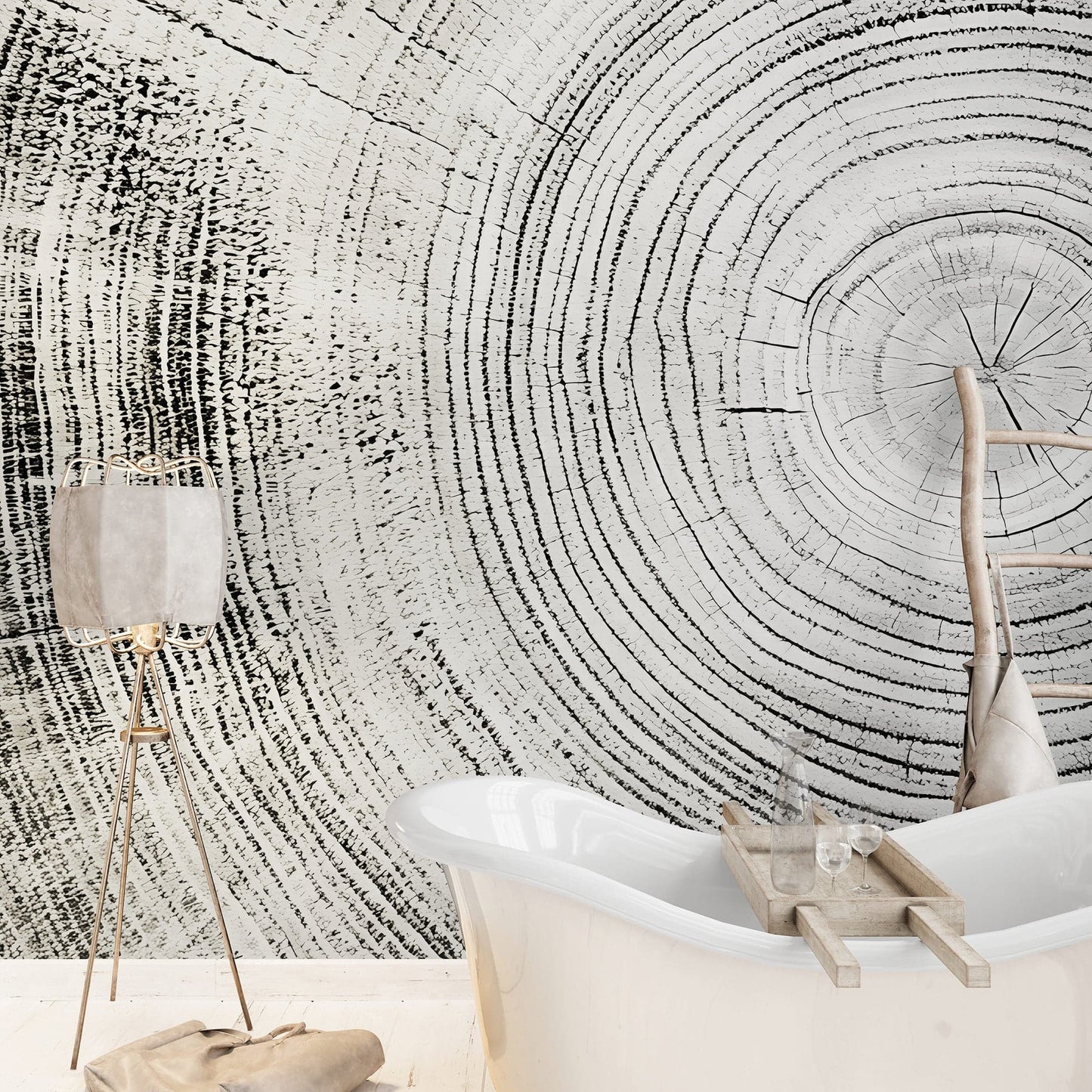 Tree Rings Wallpaper Mural. Black and White  Modern Wood Grain Circle Pattern. #7022