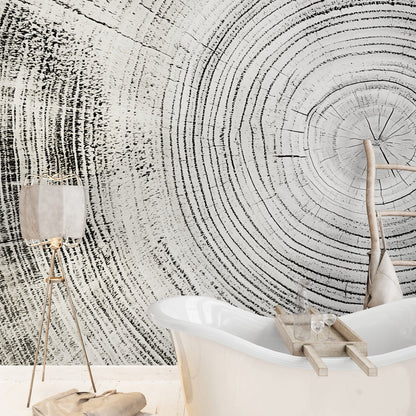 Tree Rings Wallpaper Mural. Black and White  Modern Wood Grain Circle Pattern. #7022