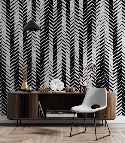 Black and White Minimal Retro Stripes Pattern Wallpaper. #7033