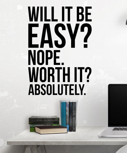 Will It Be Easy? Nope. Worth It? Absolutely. Motivational Wall Quote. #7041