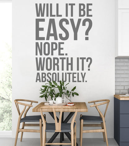 Will It Be Easy? Nope. Worth It? Absolutely. Motivational Wall Quote. #7041