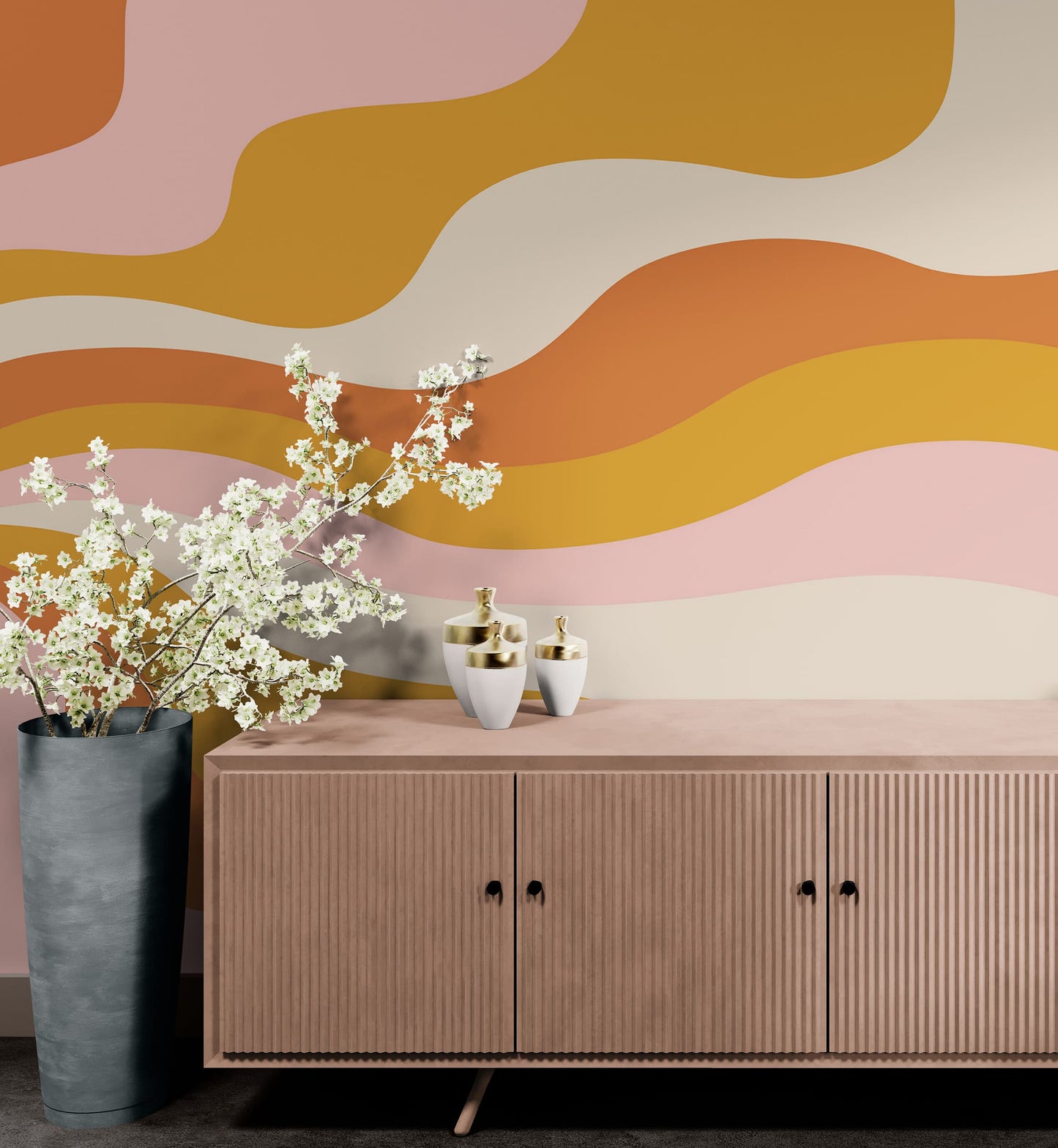 Retro 70's Abstract Wave Wallpaper Mural. Burnt Orange Mustard Yellow Color. #7043