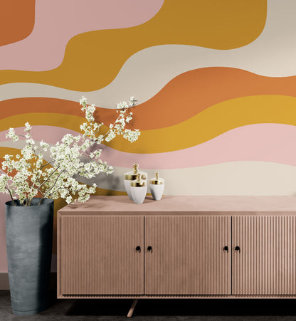 Retro 70's Abstract Wave Wallpaper Mural. Burnt Orange Mustard Yellow Color. #7043
