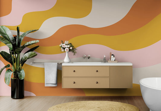 Retro 70's Abstract Wave Wallpaper Mural. Burnt Orange Mustard Yellow Color. #7043