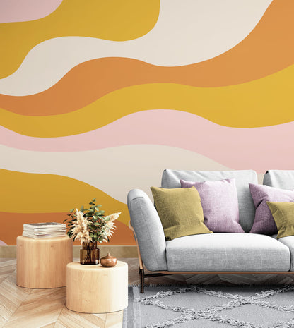 Retro 70's Abstract Wave Wallpaper Mural. Burnt Orange Mustard Yellow Color. #7043