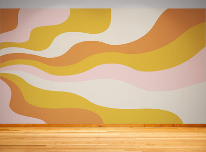 Retro 70's Abstract Wave Wallpaper Mural. Burnt Orange Mustard Yellow Color. #7043