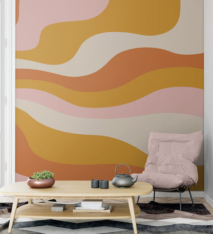 Retro 70's Abstract Wave Wallpaper Mural. Burnt Orange Mustard Yellow Color. #7043