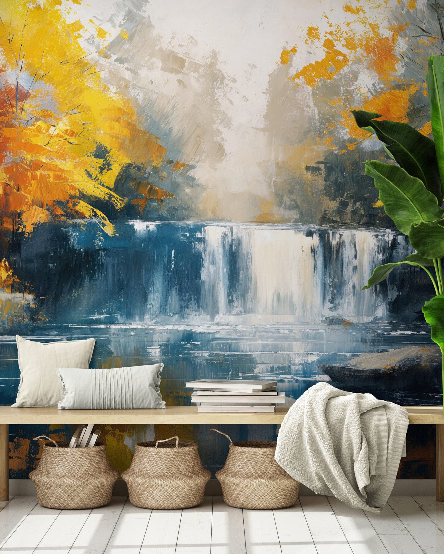 Tropical Waterfall Colorful Painting Wallpaper Mural. #7049