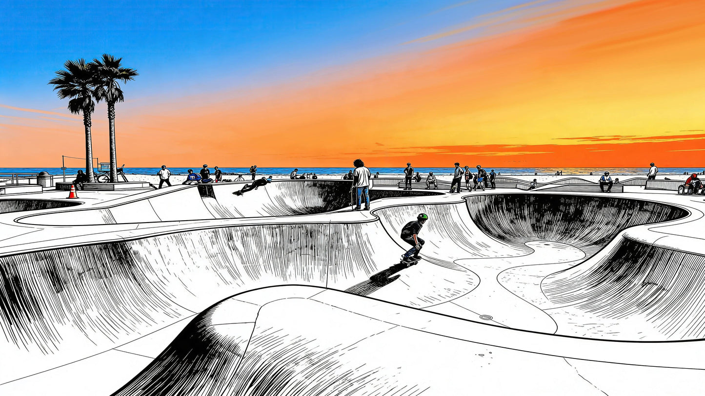 Vibrant Illustration of Skate Park Sunset Wall Mural. #7067