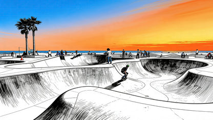 Vibrant Illustration of Skate Park Sunset Wall Mural. #7067