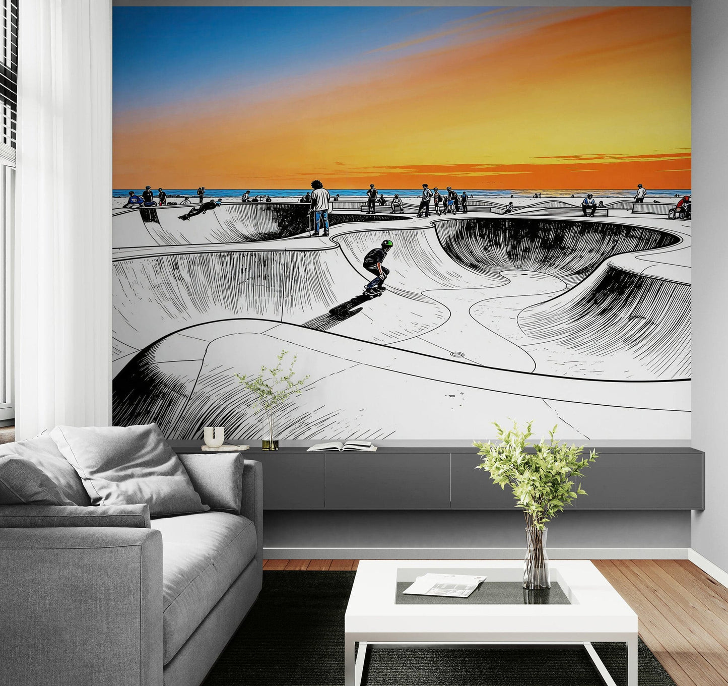 Vibrant Illustration of Skate Park Sunset Wall Mural. #7067