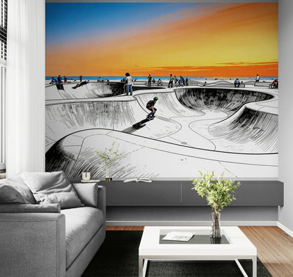 Vibrant Illustration of Skate Park Sunset Wall Mural. #7067