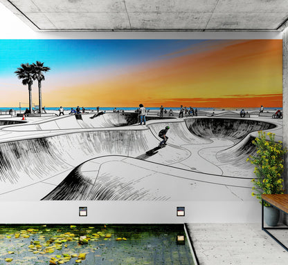 Vibrant Illustration of Skate Park Sunset Wall Mural. #7067