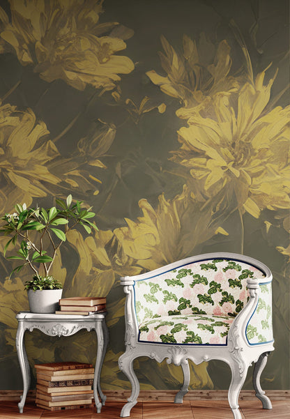 Vintage Sepia Golden Yellow Flower Wall Mural. Warm Tone Floral Wall Mural. #7079