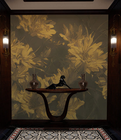 Vintage Sepia Golden Yellow Flower Wall Mural. Warm Tone Floral Wall Mural. #7079