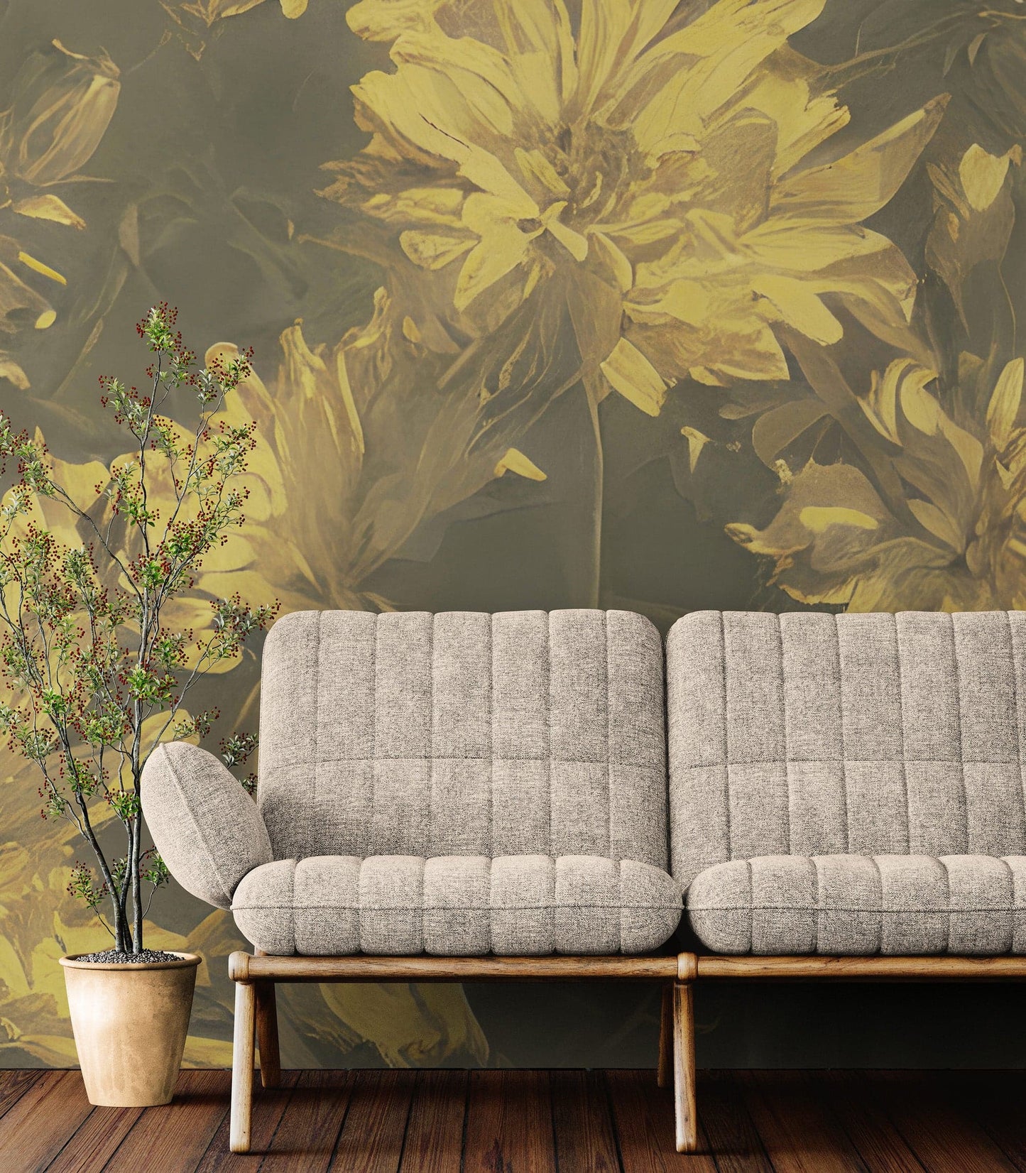 Vintage Sepia Golden Yellow Flower Wall Mural. Warm Tone Floral Wall Mural. #7079