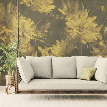 Vintage Sepia Golden Yellow Flower Wall Mural. Warm Tone Floral Wall Mural. #7079