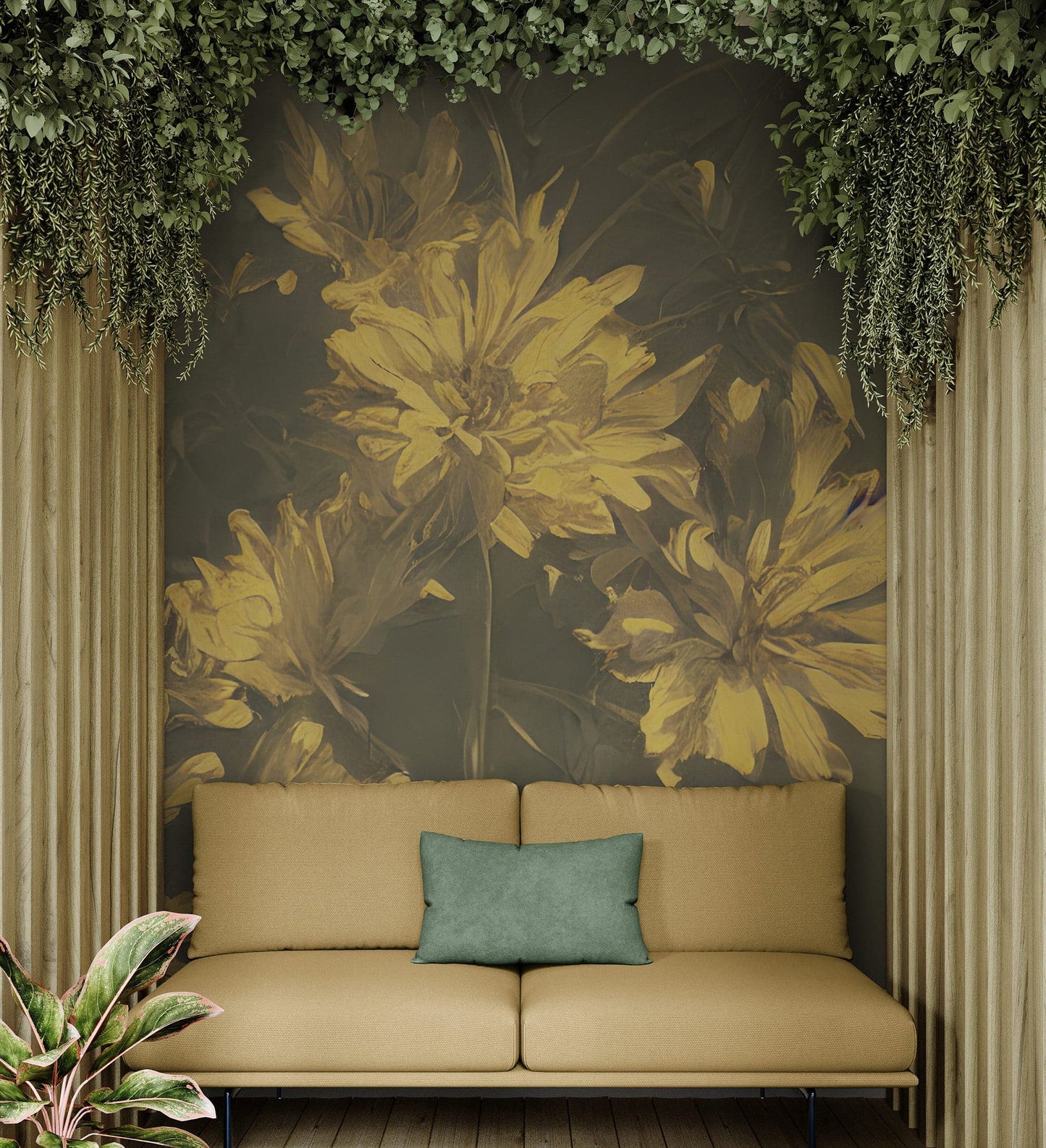 Vintage Sepia Golden Yellow Flower Wall Mural. Warm Tone Floral Wall Mural. #7079