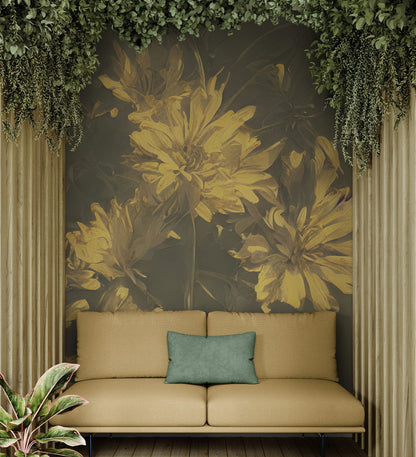 Vintage Sepia Golden Yellow Flower Wall Mural. Warm Tone Floral Wall Mural. #7079