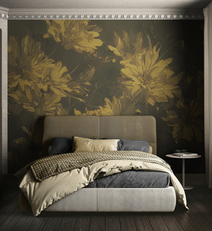 Vintage Sepia Golden Yellow Flower Wall Mural. Warm Tone Floral Wall Mural. #7079