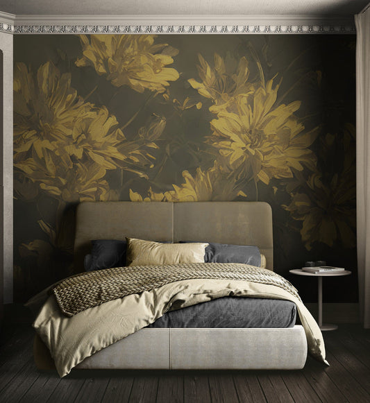 Vintage Sepia Golden Yellow Flower Wall Mural. Warm Tone Floral Wall Mural. #7079