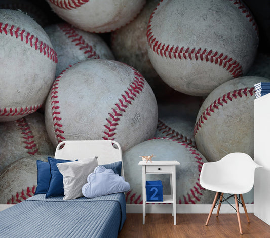 Baseballs in Dugout Wallpaper Mural. Game Room Decor. #7087