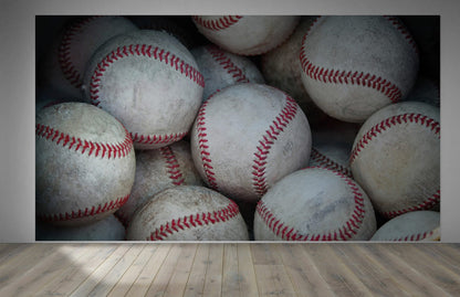 Baseballs in Dugout Wallpaper Mural. Game Room Decor. #7087