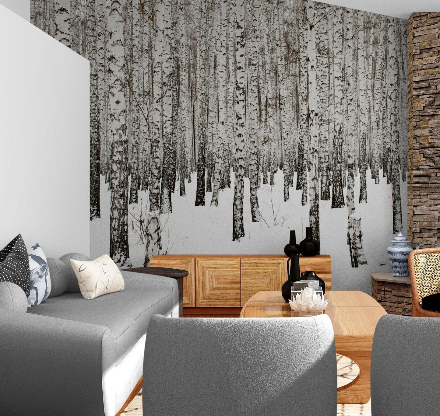 White Birch Tree Forest Wallpaper Mural. IQ-1236