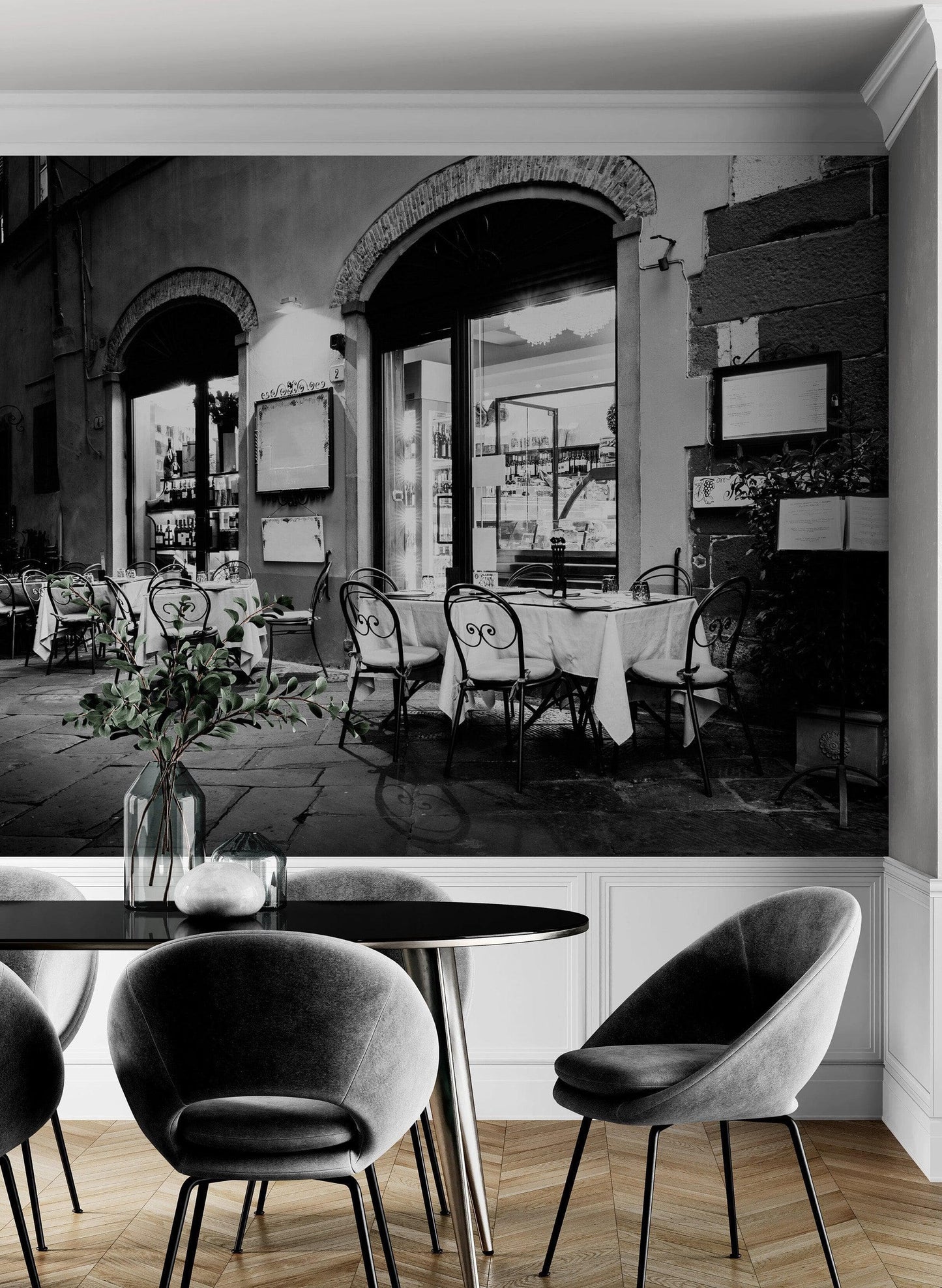 Black and White European Café Street Diner Wallpaper Mural. #FT-207-VE90