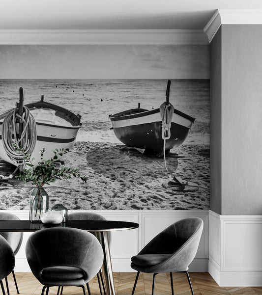 Black and White Nautical Theme Wallpaper Mural. Boat on Shore Wall Mural. #FT-380