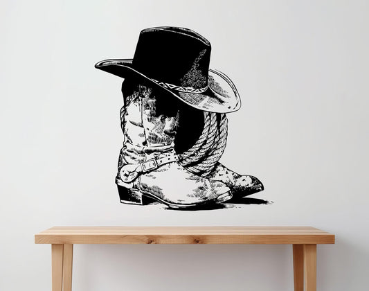 Western Theme Cowboy Boots, Hat and Rope Wall Decal Sticker. #6749