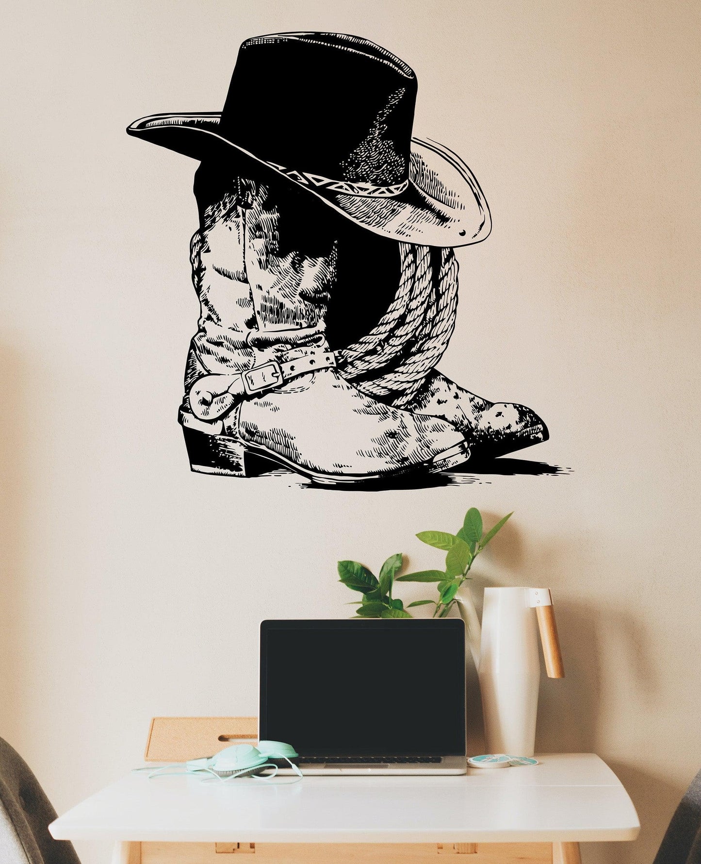 Western Theme Cowboy Boots, Hat and Rope Wall Decal Sticker. #6749