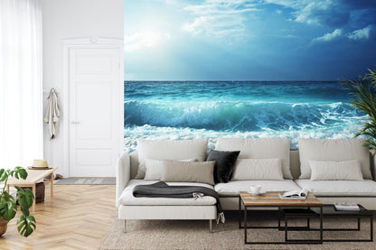 Blue Ocean Waves Wallpaper - Coastal Beach Wall Mural. #FT-377