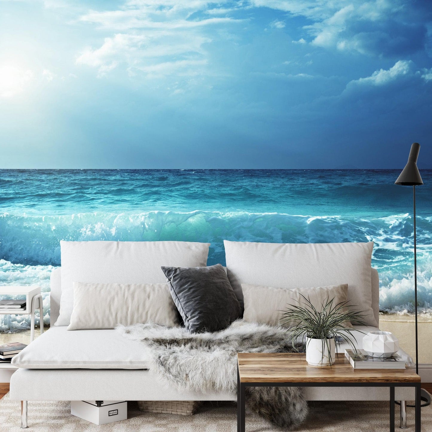 Blue Ocean Waves Wallpaper - Coastal Beach Wall Mural. #FT-377