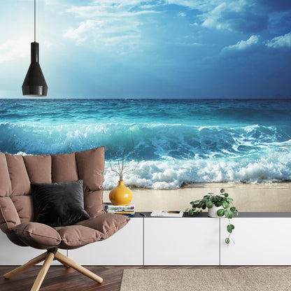 Blue Ocean Waves Wallpaper - Coastal Beach Wall Mural. #FT-377