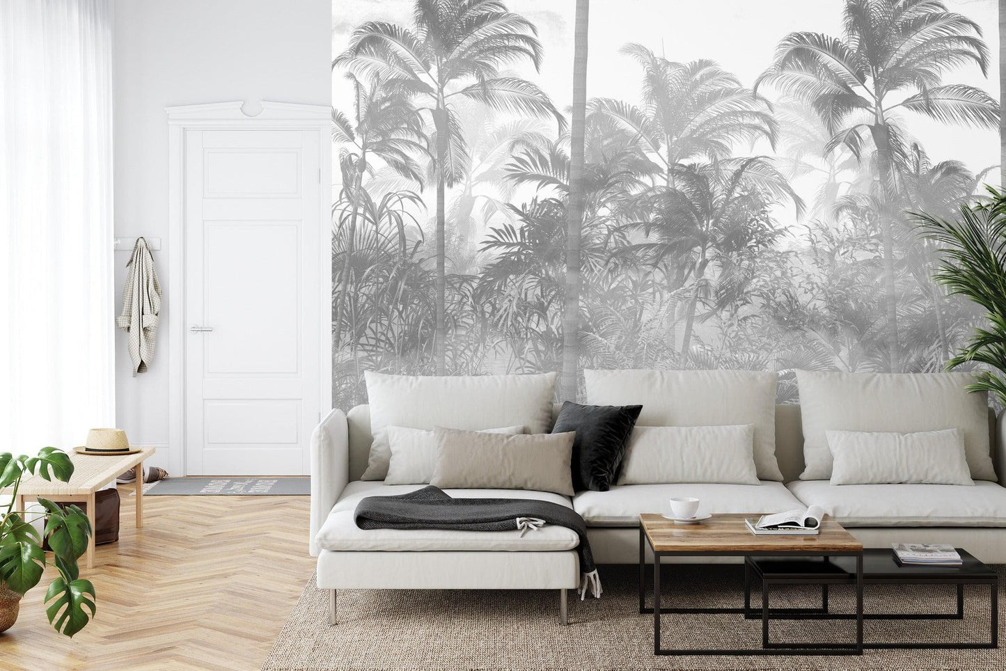 Black and White Tropical Jungle Forest Palm Trees Wallpaper Mural. #FT-448495