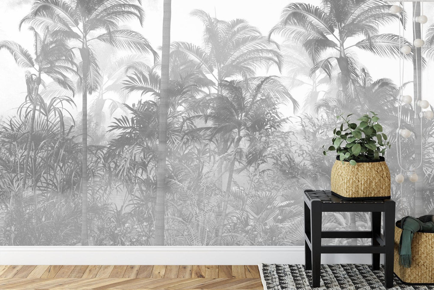 Black and White Tropical Jungle Forest Palm Trees Wallpaper Mural. #FT-448495