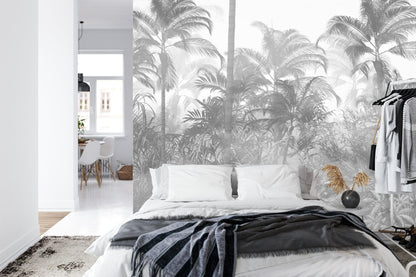 Black and White Tropical Jungle Forest Palm Trees Wallpaper Mural. #FT-448495