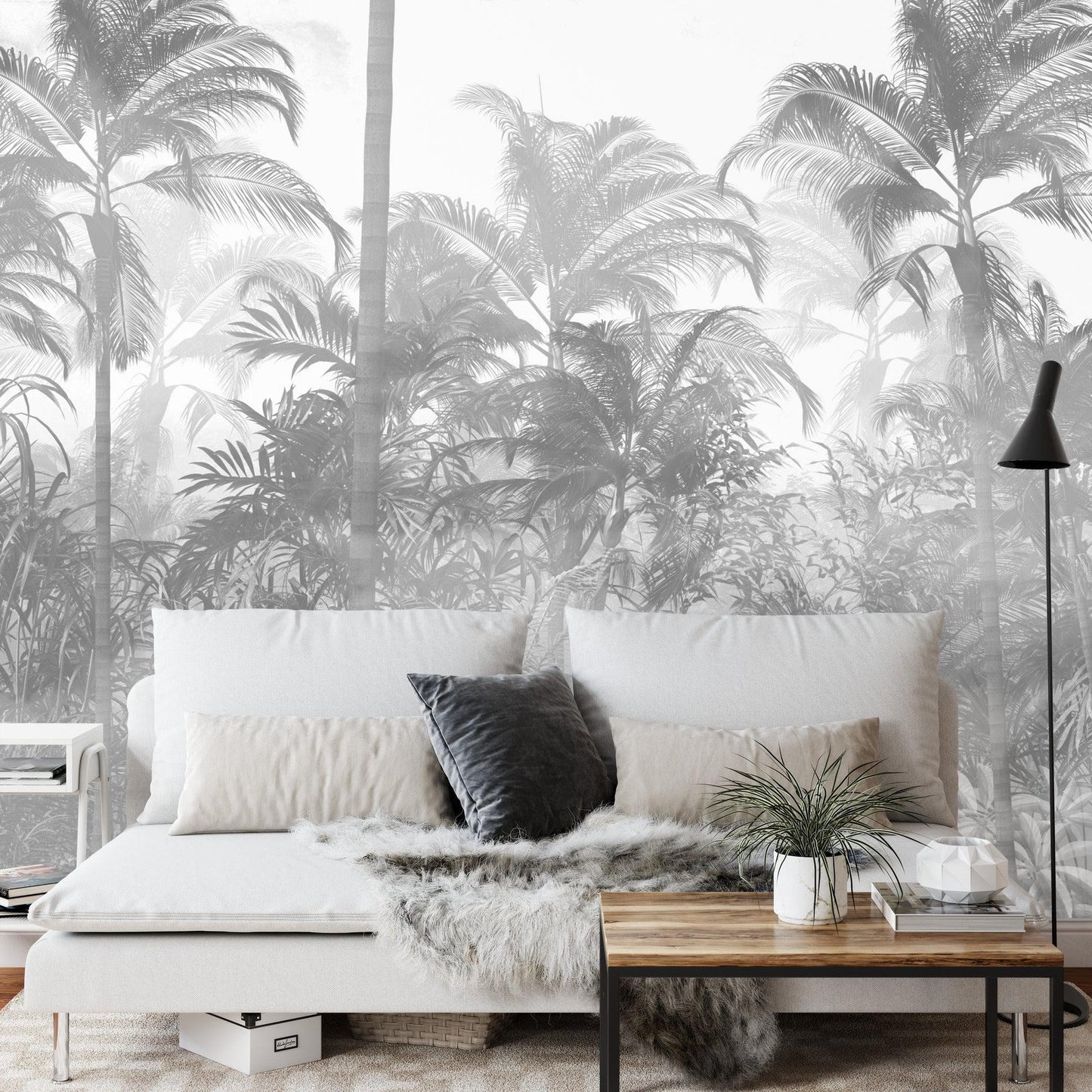 Black and White Tropical Jungle Forest Palm Trees Wallpaper Mural. #FT-448495