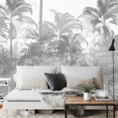 Black and White Tropical Jungle Forest Palm Trees Wallpaper Mural. #FT-448495