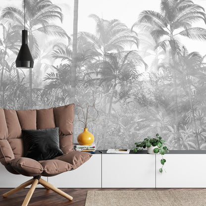 Black and White Tropical Jungle Forest Palm Trees Wallpaper Mural. #FT-448495