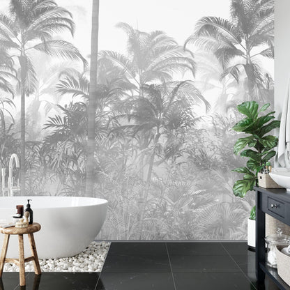 Black and White Tropical Jungle Forest Palm Trees Wallpaper Mural. #FT-448495