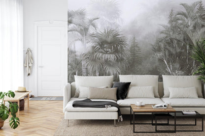 Pastel Monochrome Green and Grey Tropical Forest Jungle Wallpaper Mural. #FT-448919